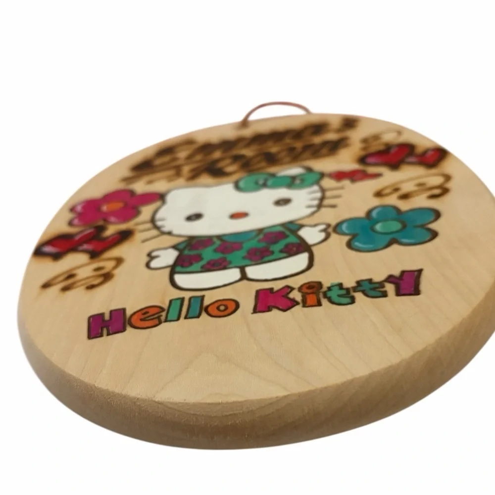 Handmade Hello Kitty Wood Burned Wall Decor - Emma’s Room Sign